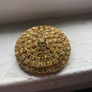 Vintage Peridot Rhinestone Round Gold Brooch